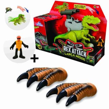 Imagem de Kit Brinquedo Rex Attack Lança Míssel + 2 Luvas Garras Fantoche Dinoss