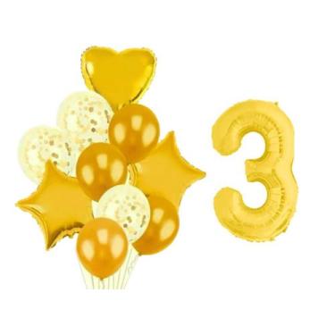 Imagem de Buque 10 Balões Coração Estrela -1 Número Metalizado Dourado - Partiuf