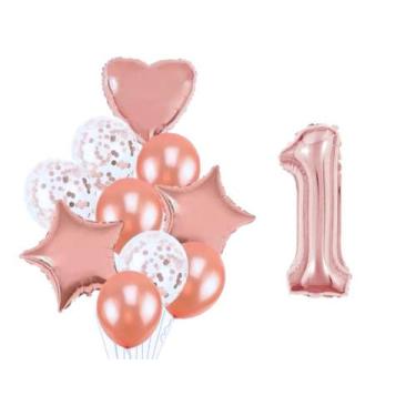 Imagem de Buque 10 Balões  Coração Estrela e 1 Número Metalizado Rose Gold 70cm 