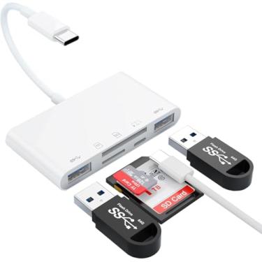 Imagem de Leitor de cartão de memória SD 5 em 1 para iPhone iPad com USB A e porta de carregamento, leitor de cartão USB C para SD para Android/MacBook/disco rígido/pen drive, suporta adaptador SD/Micro SD/SDHC