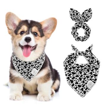 Imagem de E-Clover Conjunto de bandanas para cães com estampa de vaca e scrunchie combinando com tema de caubóis de outono, babadores, bandana para animais de estimação com gravata borboleta para cães pequenos