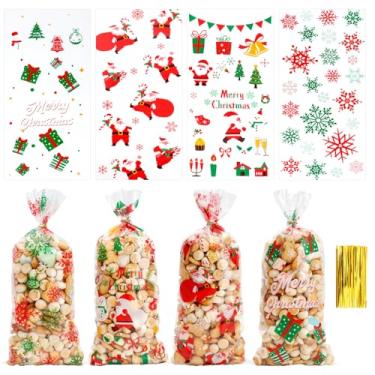 Imagem de ChicQuench Sacos de presente de Natal para celofane – 120 peças, saco de presente de celofane de Natal, plástico transparente, doces, biscoitos, com laços torcidos para lembrancinhas de festa de Natal