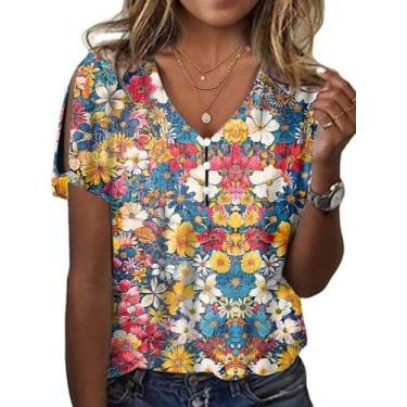 Imagem de Blusa feminina HOTYD com estampa floral boho com decote em V e manga c
