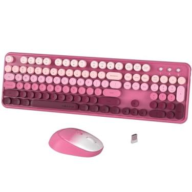 Imagem de FCPLU Combo de teclado e mouse sem fio xUBOTIE, teclado redondo colorido de 104 teclas, layout QWERTY, 2,4 GHz, botão liga/desliga, plug play para PC, laptop (vermelho-rosado)