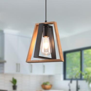 Imagem de Luzes pendentes de ilha de cozinha, metal industrial preto e luz de suspensão de madeira vintage, mini lustre de casa de fazenda, lâmpada de teto rústica de altura ajustável para entrada, sala de