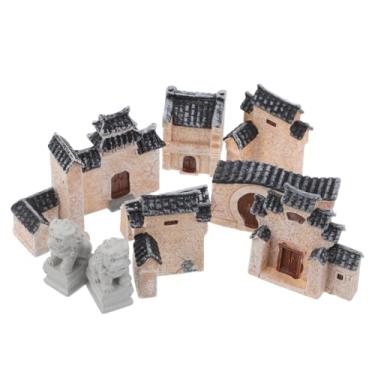 Imagem de DECHOUS 10 peças de casa de aldeia em miniatura: casas de jardim de fadas em miniatura de resina com estátua de leão de pedra chinesa - kit de ornamentos de micropaisagem para terrário de bonsai de