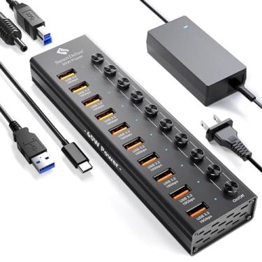 Imagem de SmartDelux Adaptador USB 3.2 a tipo A, concentrador tipo C, 10 Gbps, 10 portas, interruptores LED individuais, adaptador de corrente de 60 W