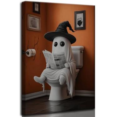 Imagem de Arte de parede em tela fantasma engraçada de Halloween fantasma no banheiro gótico terror assustador escuro Academia quadro decoração de parede pôster impresso arte para banheiro decoração de casa