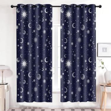 Imagem de EOTDMS Cortinas com tema espacial para meninos, azul marinho, estrela, lua, sol, céu estrelado, blecaute, para quarto de meninos, quarto de criança, quarto de bebê, sala de estar, 106 x 213 cm, 2