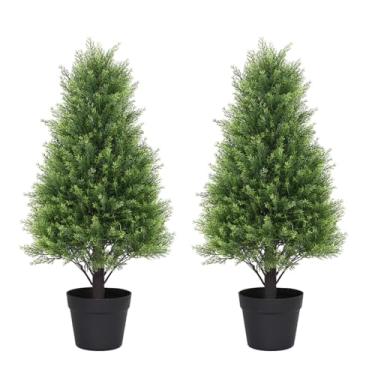 Imagem de Azoco Conjunto de 2 árvores de topiaria de cedro artificial, 76 cm, cipreste sintético resistente a UV, arbustos e arbustos grandes realistas de 0,8 m para decoração de plantador de varanda frontal