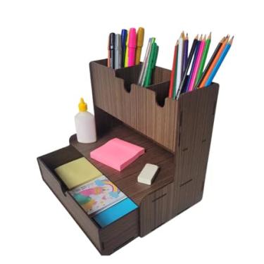 Imagem de Organizador de Mesa MDF Preto, Tabaco e Nogueira - Porta Lápis Multiuso para Escritório Home office (Nogueira)