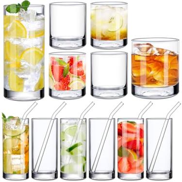 Imagem de CLRBEATTY Pacote com 12 copos de vidro com canudos de vidro, 6 copos Highball e 6 copos para beber, copos de água reutilizáveis, copos de bar para suco de água, coquetéis de mojito, whisky (293 g +