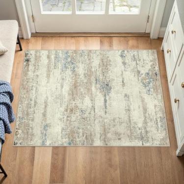 Imagem de PureCozy Tapete de área 2x3 lavável bege marrom abstrato moderno neutro tapete de entrada antiderrapante macio tapete de porta de pilha baixa contemporâneo tapete pequeno para banheiro, lavanderia