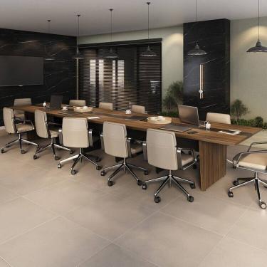 Imagem de Kit Mesa Reunião Escritório 12 Lugares C/ 4 Módulos P/extensão, Caixa de Tomada, Tampotamburato 50mm Nogal/Preto