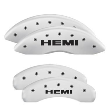 Imagem de Capas de pinça de freio MGP compatíveis com Jeep Grand Cherokee 2011-21, WK 2022 (requer 43 cm + rodas) Acabamento branco revestido a pó, logotipo HEMI gravado, capas de pinça dianteiras e traseiras
