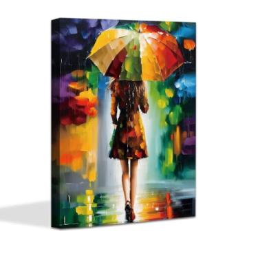 Imagem de Decoração de pintura romântica, impressão em tela abstrata de mulher andando com guarda-chuva, arte de parede Uma garota sob o guarda-chuva, impressão de arte colorida a óleo para arte moderna Wallart