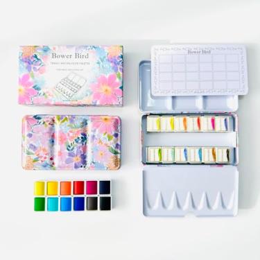 Imagem de Bower Bird Conjunto de tinta aquarela, 12 cores em paleta de estanho de metal, conjunto de tinta aquarela de viagem, tintas de aquarela portáteis para adultos e artistas (caixa rosa)