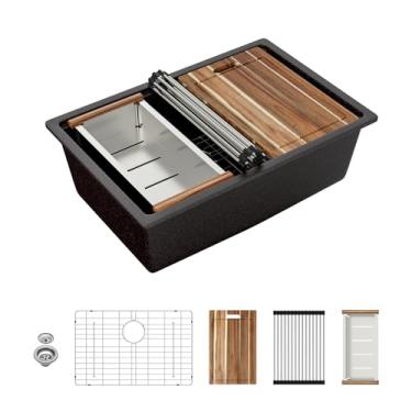 Imagem de Sarlai Pia de cozinha composta de granito – 71 cm preta embaixo da pia da cozinha estação de trabalho 71 x 48 cm de granito preto fosco composto de quartzo sob montagem única bacia lavatório