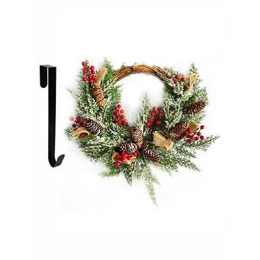 Imagem de Guirlanda artificial para porta de Natal, guirlandas de Natal para porta da frente, guirlandas de janela com pinha, frutas vermelhas, fita de serapilheira e floco de neve, decorações de guirlanda de