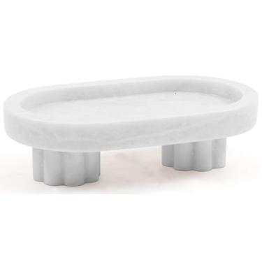 Imagem de Radicaln Bandeja oval de mármore com suporte de 25,4 cm, bandeja decorativa branca feita à mão para decoração de banheiro, organizador de mesa de café, bandeja de bancada de cozinha e presentes de