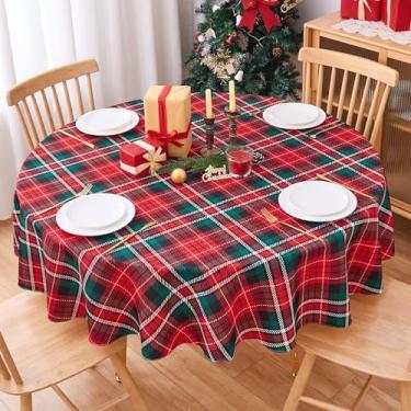 Imagem de Toalha de mesa de Natal redonda de 178 cm, vermelho e verde, toalha de mesa xadrez de poliéster, inverno, festiva, Natal, Natal, Natal, Natal, xadrez, círculo, lavável, impermeável, para decoração de
