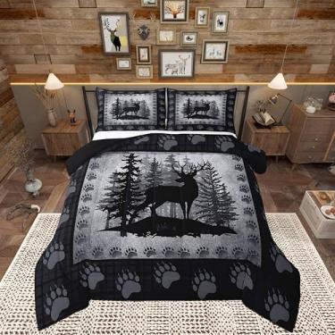 Imagem de Conjunto de edredom infantil de veado rústico, tamanho Queen, com estampa de pata de urso selvagem, decoração de cabana de caça, para quarto de adulto, pinheiros, xadrez, poliéster, enchimento de