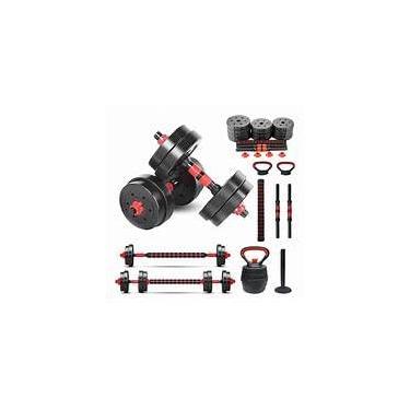 Imagem de Kit Academia Fit 6 em 1, Halteres e Anilhas Ajustáveis, Kettlebell, Barras Rosqueáveis, Preto e Vermelho, 15kg, com Puxadores, Base e Manual
