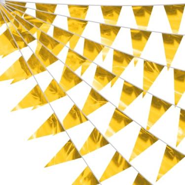 Imagem de Faixa de flâmula dourada com glitter triângulo de 30 m bandeira metálica guirlanda de tecido para Natal, formatura, casamento, noivado, aniversário, despedida de solteira, chá de panela, decoração de