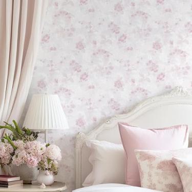 Imagem de Dimoon Papel de parede floral rosa de 1,000 x 43,9 cm Papel de parede de contato Boho Papel de parede de contato