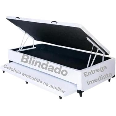 Imagem de Cama Box Báu Solteiro C/Auxiliar com espuma de 6cm, Com Pistão a Gás, Suporta 200kg (Corino Branco)
