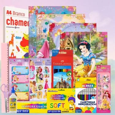 Imagem de Kit Material Escolar Volta As Aulas 62 peças Completo Princesas Disney