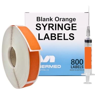 Imagem de Etiquetas de seringa médica laranja em branco - 800 etiquetas de medicamentos escritas em rolo em caixa de distribuição. Adesivos de 12 mm x 40 mm (0,5" x 1,5") Adesivo permanente forte sem látex.