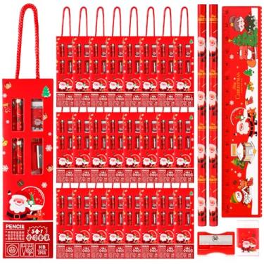 Imagem de Nezyo Conjunto de 24 artigos de papelaria escolar de Natal para crianças, 5 em 1, para lembrancinhas de festa de Natal, presentes de recompensas de sala de aula, prêmio de Natal, tema de Natal