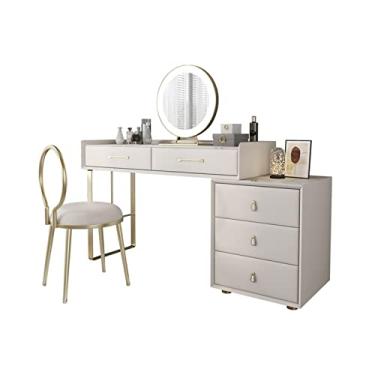 Imagem de Escrivaninha de penteadeira Conjunto de mesa vaidade branca moderna cômoda madeira placa rocha com lâmpada quarto retrátil simples maquiagem cadeira(Grande)