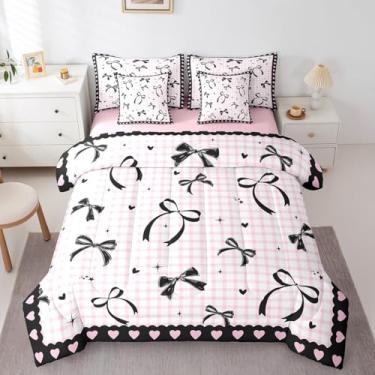 Imagem de Feelyou Conjunto de edredom com laço preto e rosa para meninas, meninos, crianças, solteiro, decoração de quarto, feminino, laço sonhador, princesa, amor, grades, 7 peças, macio