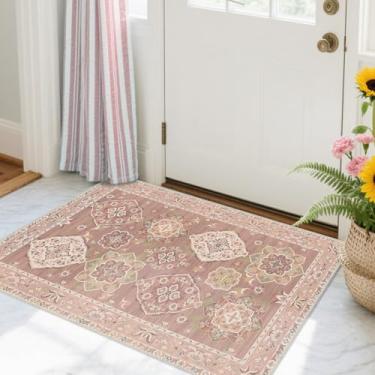 Imagem de Vhong Tapetes laváveis 2x3 Boho Vintage Neutro Moderno Rosa Antiderrapante Pequeno Tapete para Corredor Banheiro Entrada Quarto Meninas
