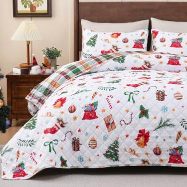Imagem de Invoibler Conjunto de colcha de Natal King, conjunto de cama de 3 peças com 2 fronhas, decoração de árvore de Natal, colcha de retalhos xadrez verde, edredom de microfibra macia 244 x 269 cm