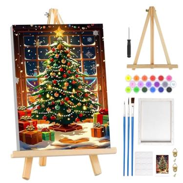 Imagem de MOGTAA Kit de pintura de Natal por números para adultos iniciantes com moldura, kits de pintura de árvore de Natal por números em tela com cavalete, kits de pintura a óleo DIY fáceis para decoração de