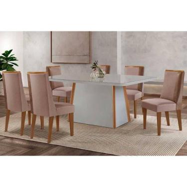 Imagem de Conjunto Sala de Jantar Tilia c/ Tampo Madeirado c/ Vidro Canto Curvo 180x90cm e 6 Cadeiras Tilia Madeira Maciça Naturale/Off White - Capuccino/Linho 