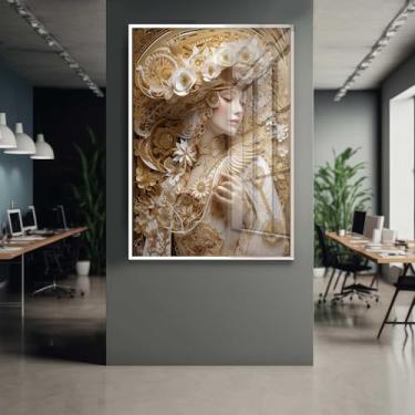 Imagem de Quadro Decorativo com Moldura e Acrilico Cristal Vidro Mulher Arte Classica Dourada Sala Quarto Hall