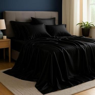 Imagem de Jogo De Cama Cetim Charmousse Fresquinho Brilhosso Casal Queen King 04 Peças Luxo com Elástico(PRETO,Solteiro)