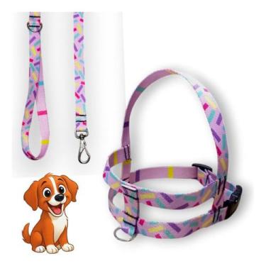 Imagem de Coleira Peitoral Lari Pet Com Guia Cães Seda Estampada N1, Lilás