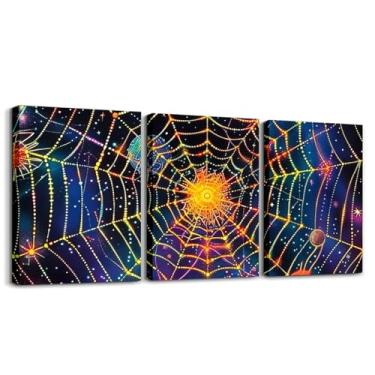 Imagem de Arte de parede em tela de teia de aranha, pintura de parede de animal aracnídeo gótico de Halloween Spide para meninos e meninas, fotos de pôster triplo de céu estrelado com glitter, arte de parede