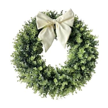 Imagem de LNGODEHO Guirlanda de eucalipto artificial com mola de 50,8 cm, buxo feito à mão com laço de fita de champanhe para decoração de Natal na porta da frente da fazenda