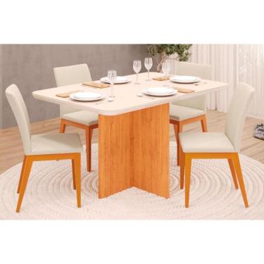 Imagem de Sala de Jantar Completa Hera c/ Tampo Madeirado c/ Vidro 120x90cm e 4 Cadeiras Vitória Cedro/Off White - Ipe/Linho Neve - DJ Móveis