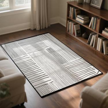 Imagem de Avisiatree Tapete moderno com linhas abstratas 8 x 1,5 m, tapete durável de alto tráfego para sala de estar, quarto, escritório em casa, tapete antiderrapante confortável em preto e branco