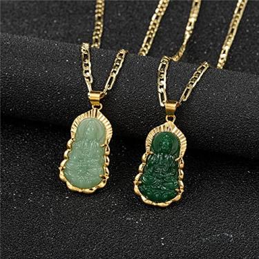 Imagem de Colar com pingente de Buda GUANYIN verde banhado a ouro para mulheres e homens, ornamento budista, amuleto de Buda Maitreya, hinduísmo, 3 mm, corrente plana fígaro, chain length: 22", Metal, Sem Pedra