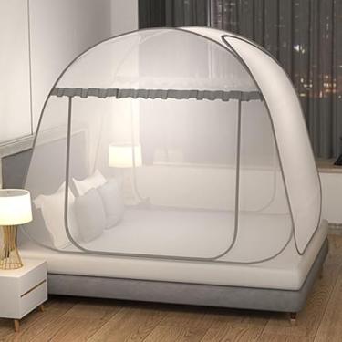 Imagem de Rede de Mosquiteiro Yurt Dupla para Cama – Proteção Anti-Mosquito, Sem Instalação, Fibra de Poliéster com Suporte de Aço Inoxidável(1.2米寬*2.0米長【全底防摔】,單門【雲頂寶灰】加大空間)