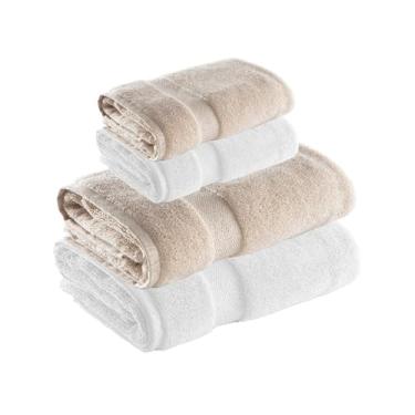 Imagem de Jogo de Toalhas Super Soft Zero Twist 4 Peças - Banhão e Rosto - 500g/m² - Toque Macio, Alta Absorção e Secagem Rápida - Altihaus (Branco/Bege)