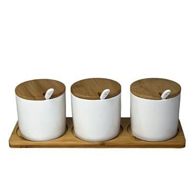 Imagem de Porta Temperos 3 Divisórias  Cerâmica com Tampa de Bambu e Colher